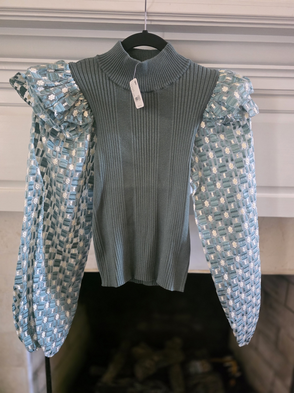 Free People Sage Green Ribbed Mock Neck Sweater with Puff Lace Sleeves